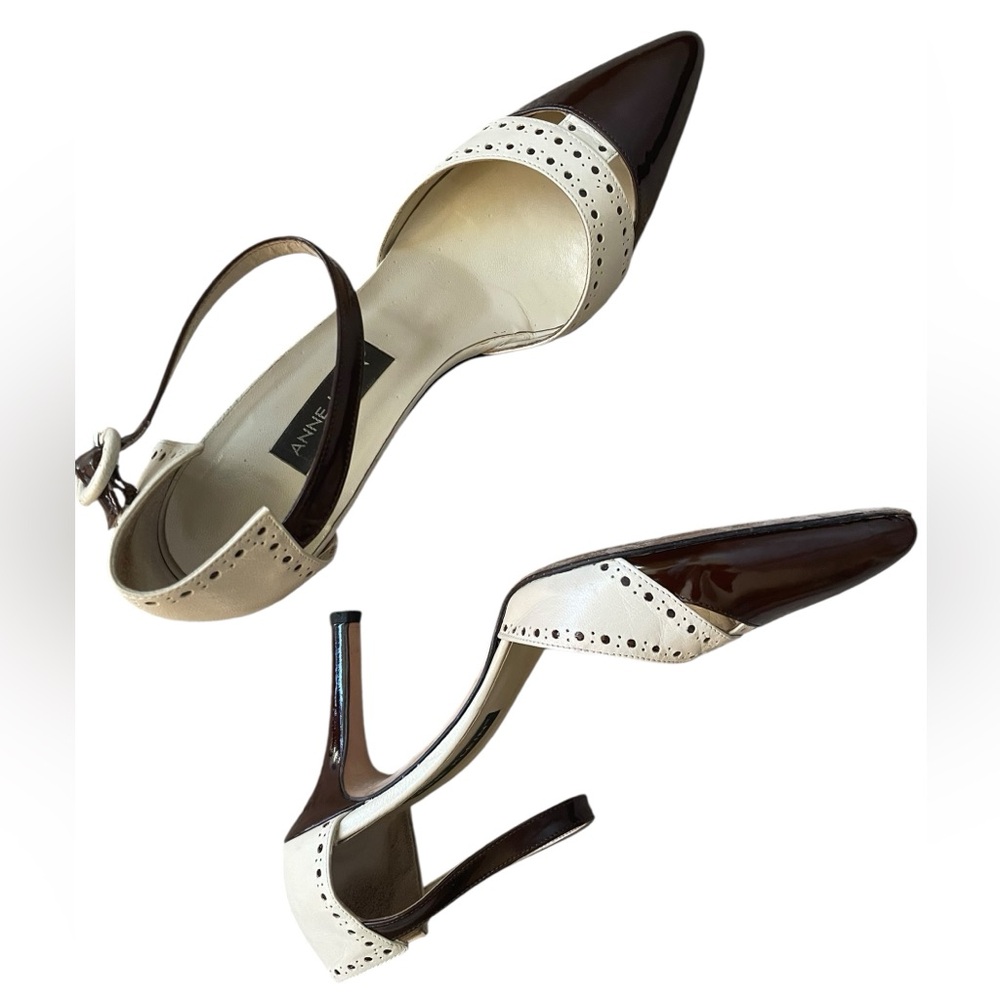 Anne Klein Genuine Leather Brown & Cream Pointed Spectator Ankle-Strap Pumps 8.5 - Picture 14 of 16
